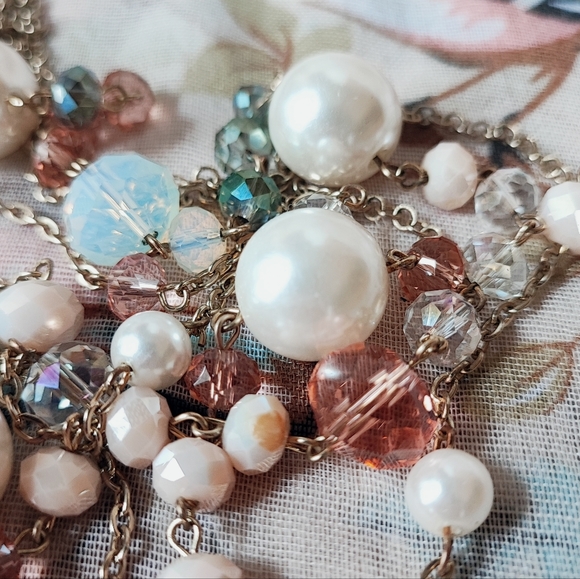 Beads and Baubles Moonstone Faceted Extra Long Necklace Pastel Dual Chain Pearls - Picture 10 of 12